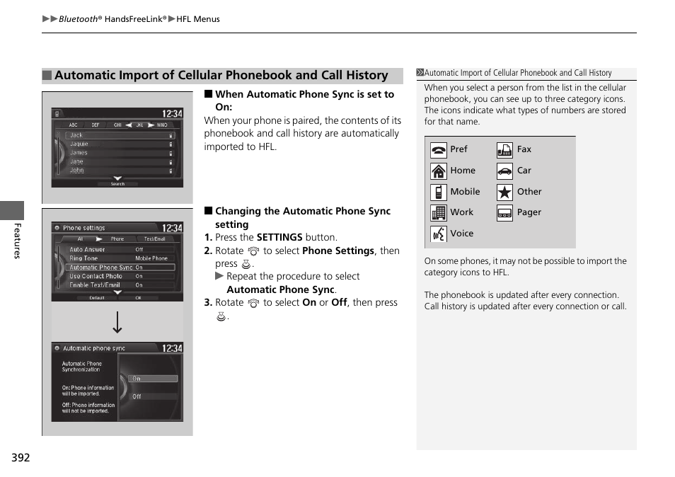 Changing the automatic phone sync, Setting | HONDA 1984 Accord Sedan - Owner's Manual User Manual | Page 393 / 593