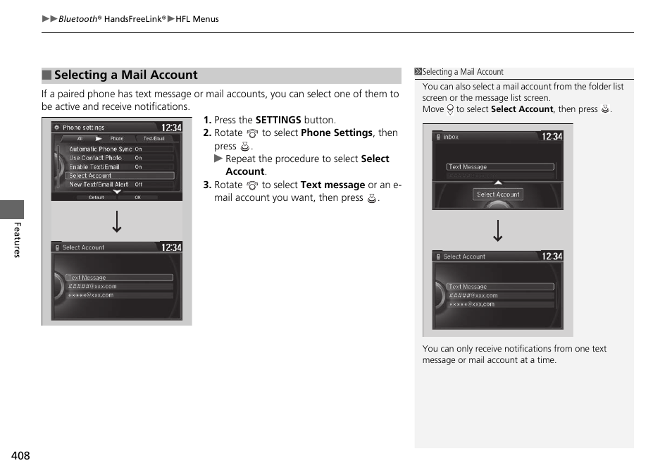 Selecting a mail account | HONDA 1984 Accord Sedan - Owner's Manual User Manual | Page 409 / 593