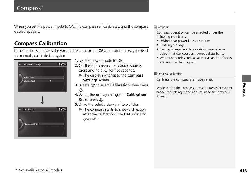 Compass, Compass calibration | HONDA 1984 Accord Sedan - Owner's Manual User Manual | Page 414 / 593