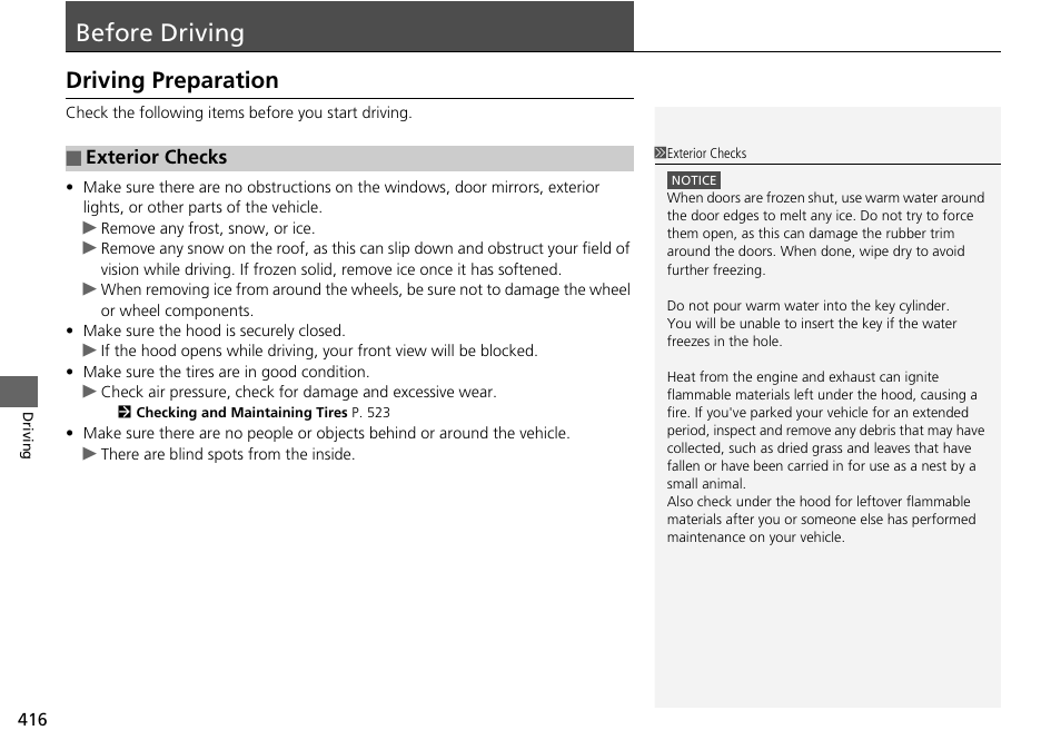 Before driving p, Before driving, Driving preparation | HONDA 1984 Accord Sedan - Owner's Manual User Manual | Page 417 / 593