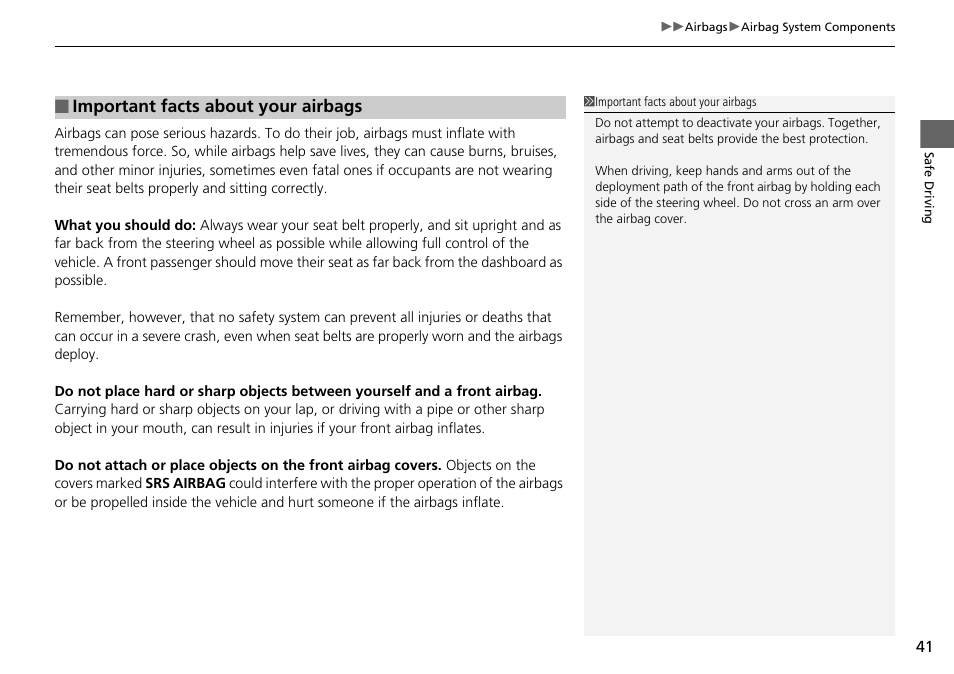 Important facts about your airbags | HONDA 1984 Accord Sedan - Owner's Manual User Manual | Page 42 / 593