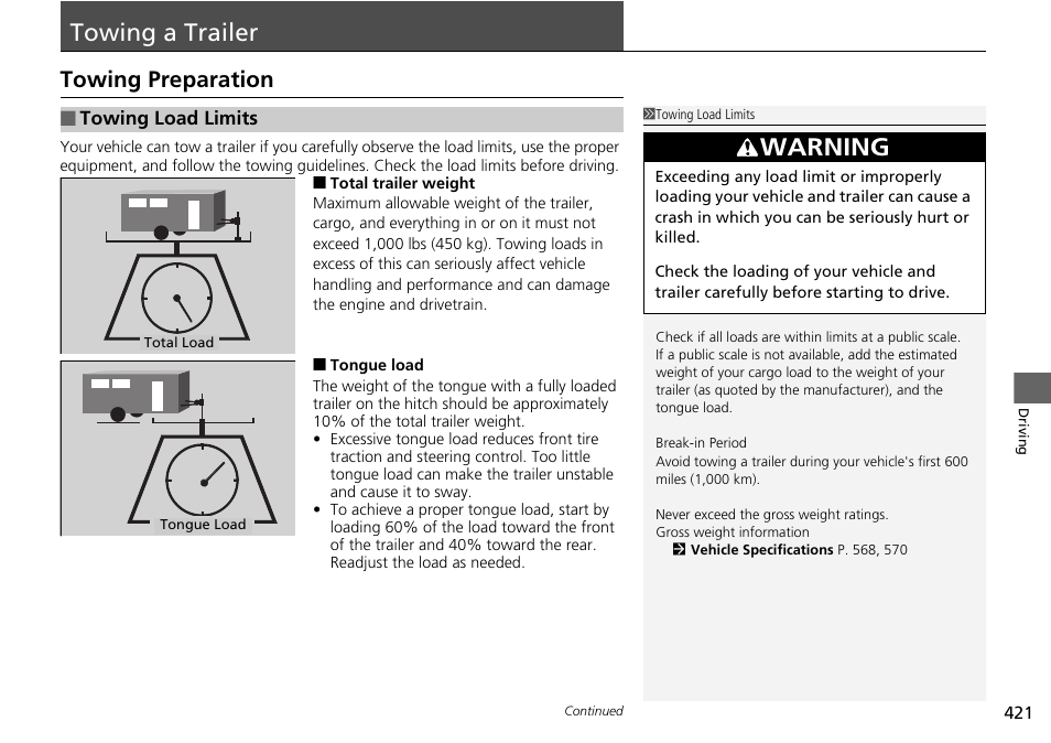 Towing a trailer p. 421, Towing a trailer, Towing preparation | Warning | HONDA 1984 Accord Sedan - Owner's Manual User Manual | Page 422 / 593