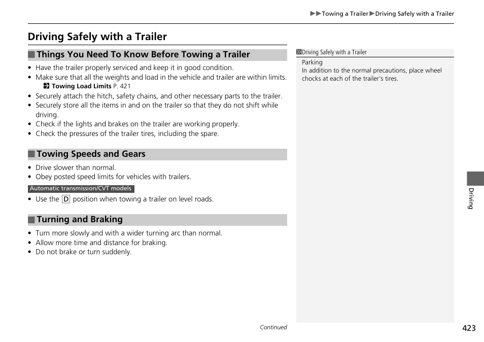 Driving safely with a trailer | HONDA 1984 Accord Sedan - Owner's Manual User Manual | Page 424 / 593