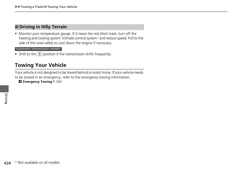 Towing your vehicle, Driving in hilly terrain | HONDA 1984 Accord Sedan - Owner's Manual User Manual | Page 425 / 593