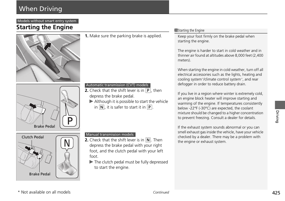 When driving p. 425, Starting the engine p, When driving | Starting the engine | HONDA 1984 Accord Sedan - Owner's Manual User Manual | Page 426 / 593