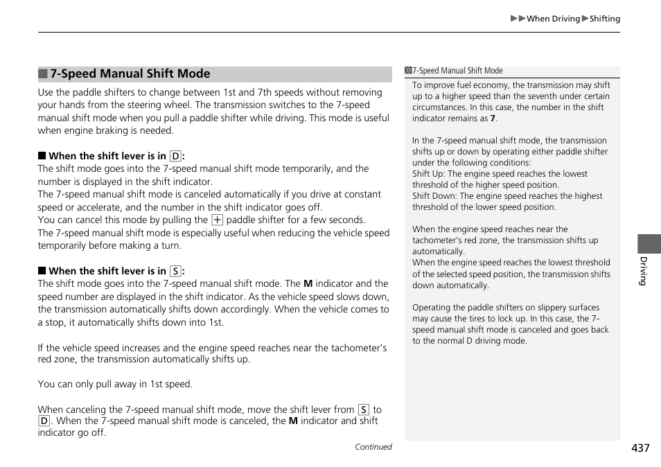 P 437, Speed manual shift mode p. 437, Speed manual shift mode | HONDA 1984 Accord Sedan - Owner's Manual User Manual | Page 438 / 593