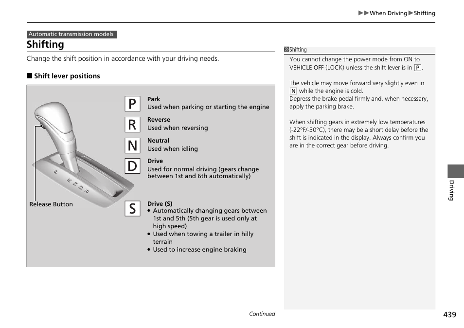 P 439, Shifting | HONDA 1984 Accord Sedan - Owner's Manual User Manual | Page 440 / 593