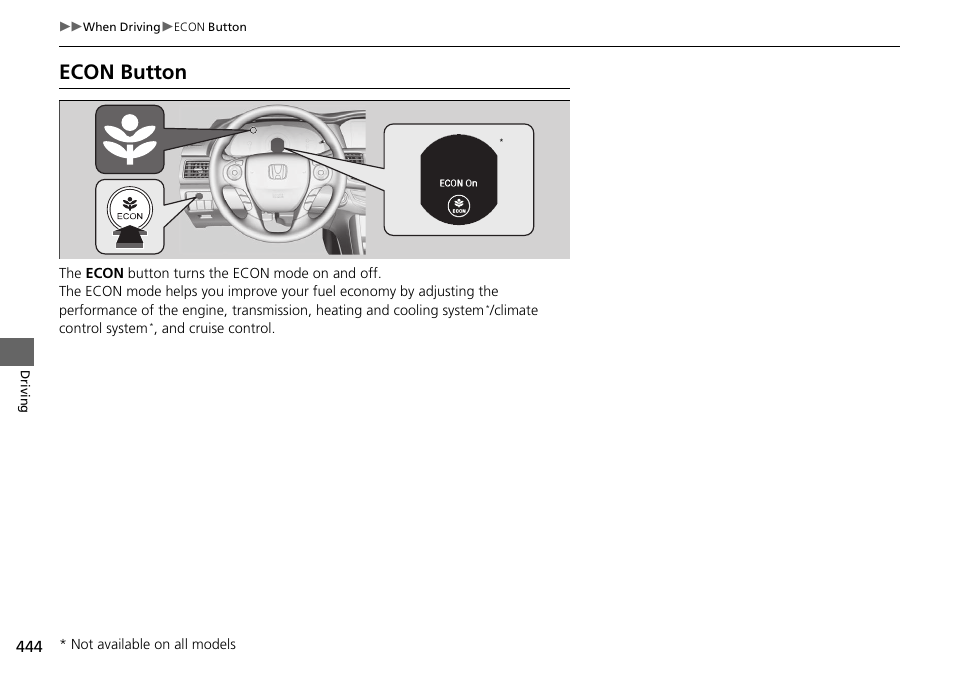 P 444), Econ button | HONDA 1984 Accord Sedan - Owner's Manual User Manual | Page 445 / 593