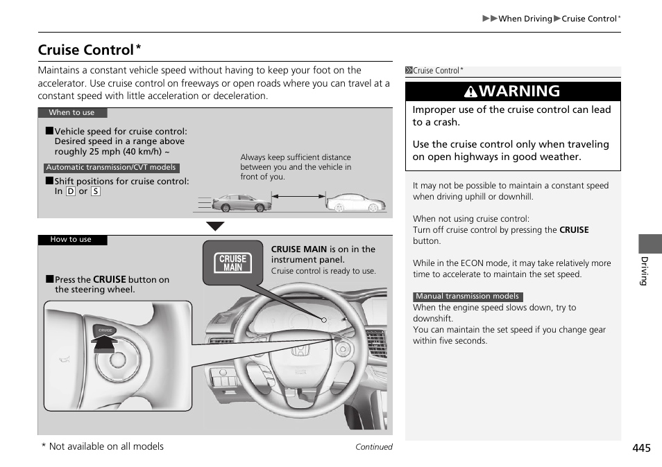 P 445, P 445), Cruise control* p. 445 | Cruise control, Warning | HONDA 1984 Accord Sedan - Owner's Manual User Manual | Page 446 / 593