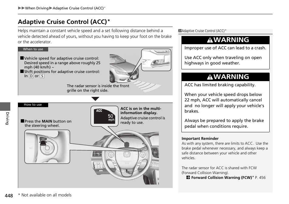 P 448), Adaptive cruise control (acc), Warning | HONDA 1984 Accord Sedan - Owner's Manual User Manual | Page 449 / 593