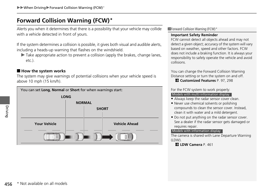 Forward collision warning (fcw), P. 456 | HONDA 1984 Accord Sedan - Owner's Manual User Manual | Page 457 / 593