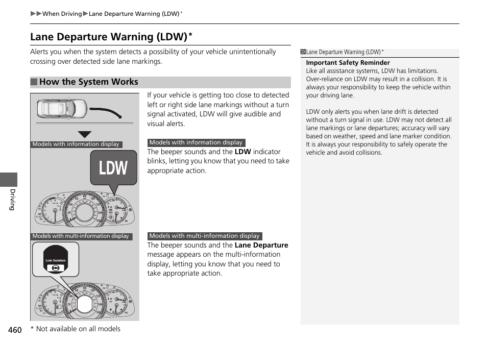 P 460), Lane departure warning (ldw), P. 460 | How the system works | HONDA 1984 Accord Sedan - Owner's Manual User Manual | Page 461 / 593