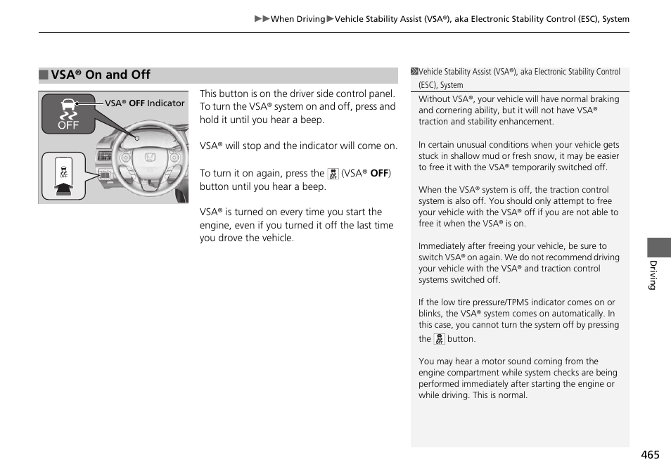 P 465), Vsa® on and off p. 465, Vsa® on and off | HONDA 1984 Accord Sedan - Owner's Manual User Manual | Page 466 / 593