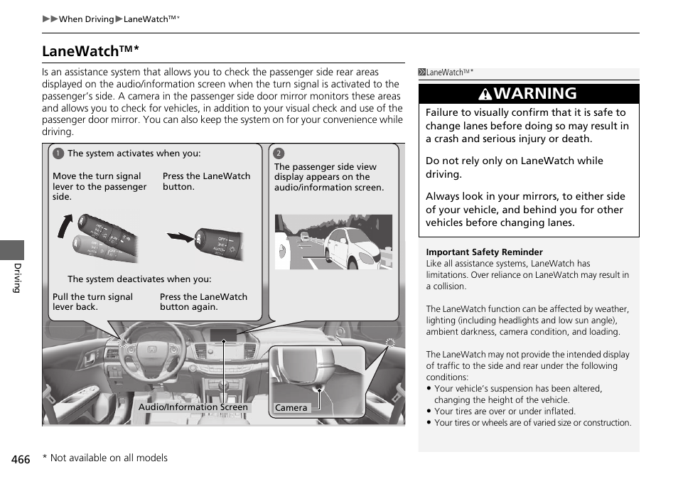 P 466), Lanewatch, Warning | HONDA 1984 Accord Sedan - Owner's Manual User Manual | Page 467 / 593