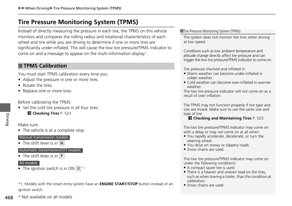 P 468), Tire pressure monitoring system (tpms), Tpms calibration | HONDA 1984 Accord Sedan - Owner's Manual User Manual | Page 469 / 593