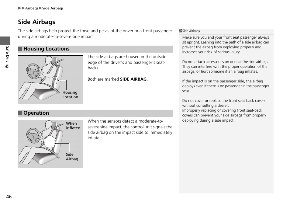 P 46, Side airbags | HONDA 1984 Accord Sedan - Owner's Manual User Manual | Page 47 / 593