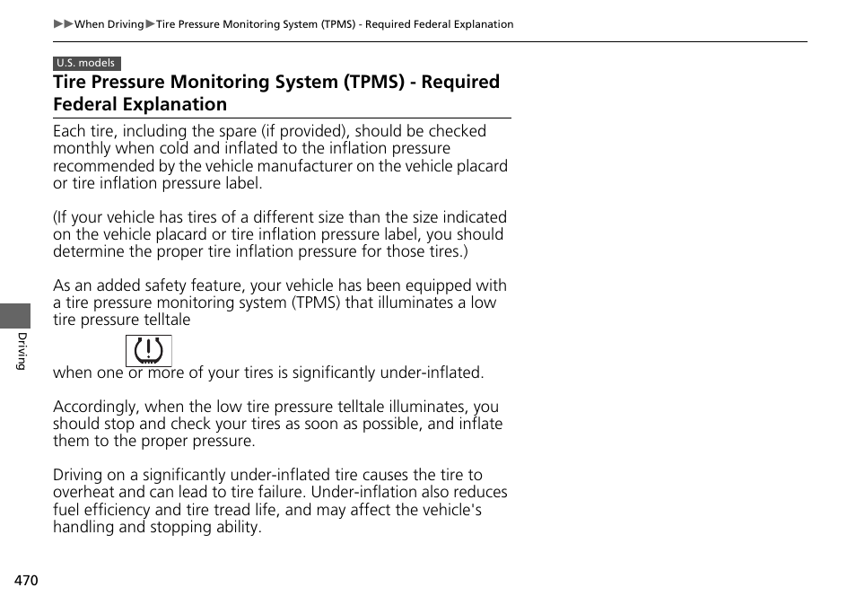 Tire pressure monitoring system (tpms), Required federal explanation | HONDA 1984 Accord Sedan - Owner's Manual User Manual | Page 471 / 593