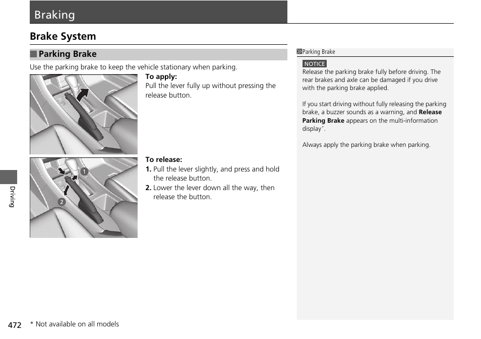 Braking p. 472, Braking, Brake system | Parking brake | HONDA 1984 Accord Sedan - Owner's Manual User Manual | Page 473 / 593