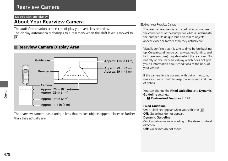 P 478), Rearview camera, About your rearview camera | Rearview camera display area | HONDA 1984 Accord Sedan - Owner's Manual User Manual | Page 479 / 593