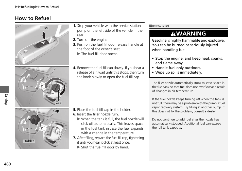 P 480, How to refuel, Warning | HONDA 1984 Accord Sedan - Owner's Manual User Manual | Page 481 / 593