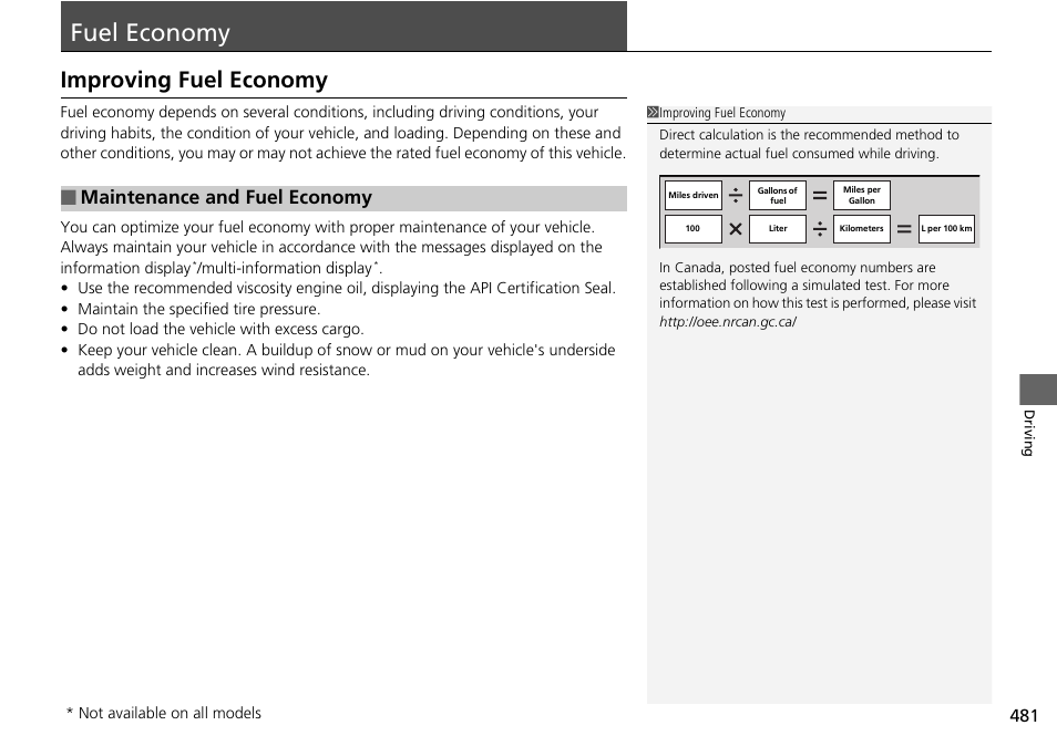 Fuel economy p. 481, Fuel economy, Improving fuel economy | Maintenance and fuel economy | HONDA 1984 Accord Sedan - Owner's Manual User Manual | Page 482 / 593