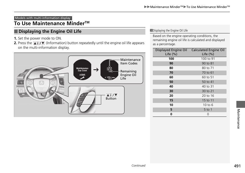 Displaying the engine oil life | HONDA 1984 Accord Sedan - Owner's Manual User Manual | Page 492 / 593