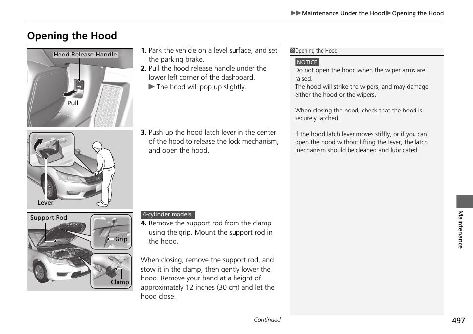 P 497, Opening the hood | HONDA 1984 Accord Sedan - Owner's Manual User Manual | Page 498 / 593