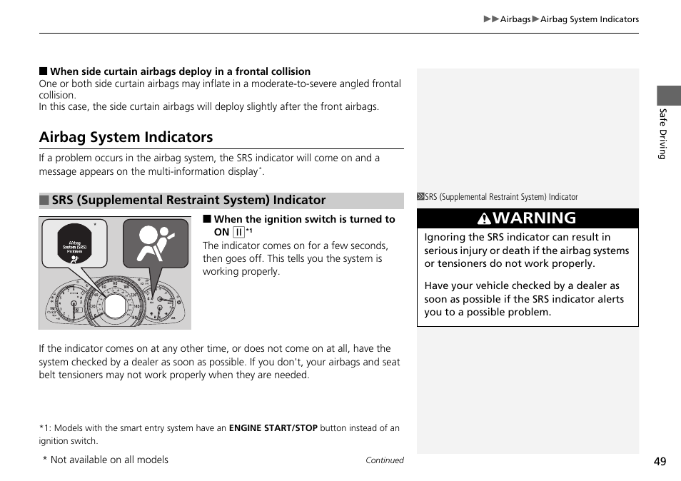 Airbag system indicators, Warning | HONDA 1984 Accord Sedan - Owner's Manual User Manual | Page 50 / 593