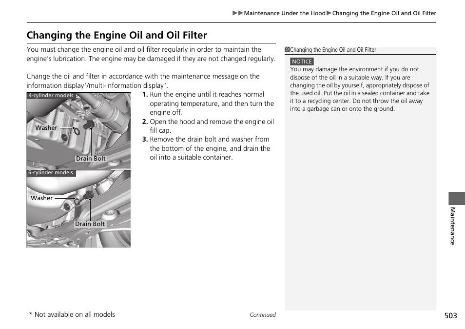 Changing the engine oil and oil filter | HONDA 1984 Accord Sedan - Owner's Manual User Manual | Page 504 / 593