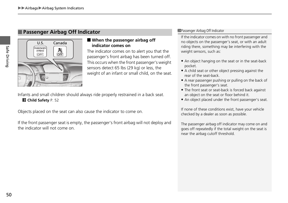 Passenger airbag off indicator | HONDA 1984 Accord Sedan - Owner's Manual User Manual | Page 51 / 593