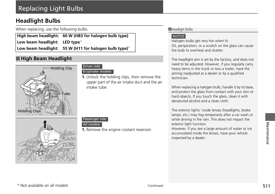 Replacing light bulbs p. 511, P 511, Replacing light bulbs | Headlight bulbs, High beam headlight | HONDA 1984 Accord Sedan - Owner's Manual User Manual | Page 512 / 593