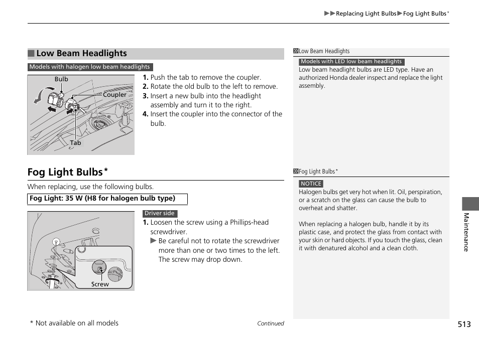 Fog light bulbs, Low beam headlights | HONDA 1984 Accord Sedan - Owner's Manual User Manual | Page 514 / 593