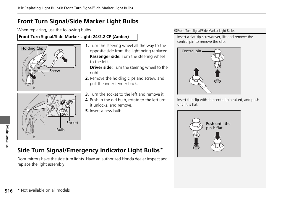 Front turn signal/side marker light bulbs, Side turn signal/emergency indicator light bulbs | HONDA 1984 Accord Sedan - Owner's Manual User Manual | Page 517 / 593