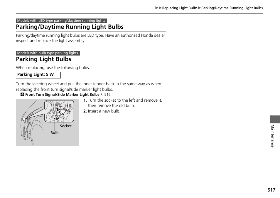 Parking/daytime running light bulbs, Parking light bulbs | HONDA 1984 Accord Sedan - Owner's Manual User Manual | Page 518 / 593