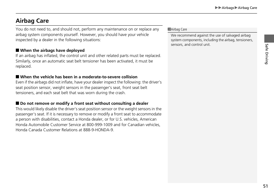 Airbag care | HONDA 1984 Accord Sedan - Owner's Manual User Manual | Page 52 / 593