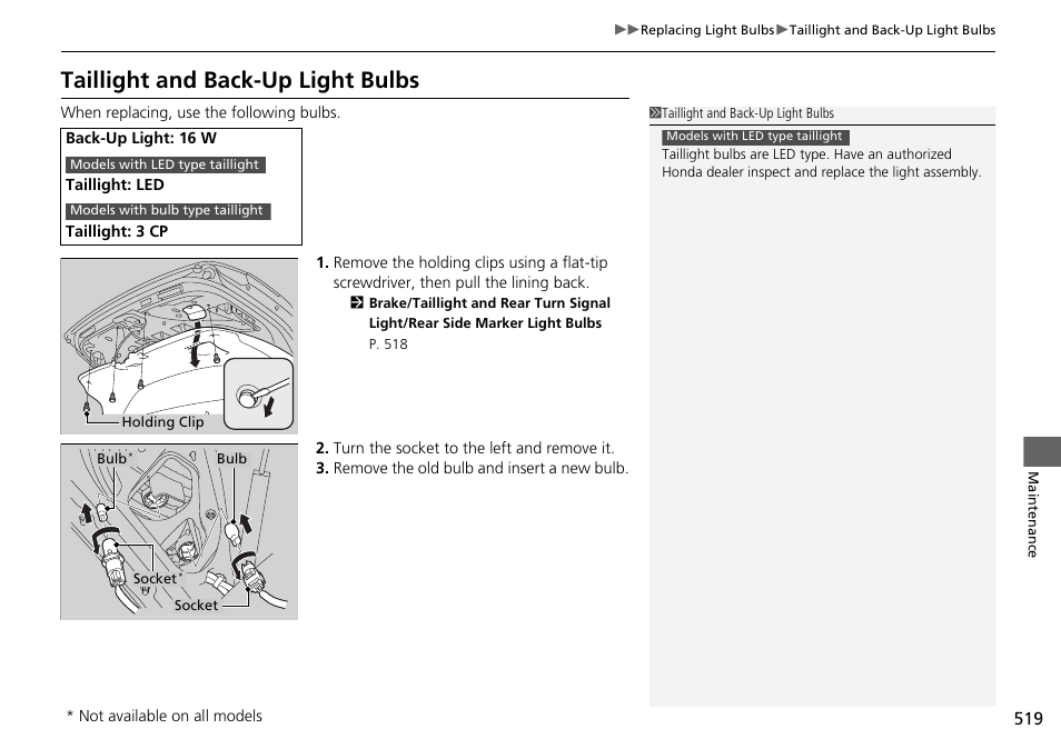 P 519), Taillight and back-up light bulbs | HONDA 1984 Accord Sedan - Owner's Manual User Manual | Page 520 / 593