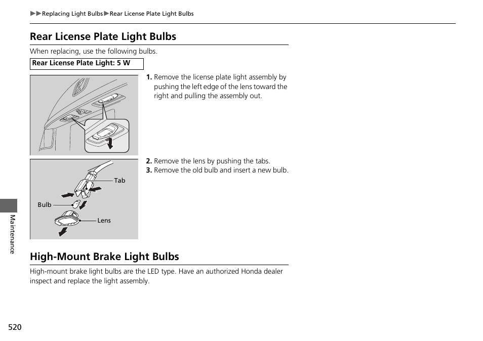 Rear license plate light bulbs, High-mount brake light bulbs | HONDA 1984 Accord Sedan - Owner's Manual User Manual | Page 521 / 593