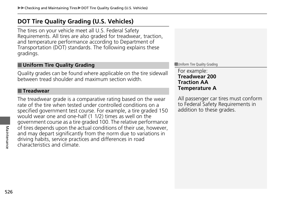 Dot tire quality grading (u.s. vehicles) | HONDA 1984 Accord Sedan - Owner's Manual User Manual | Page 527 / 593