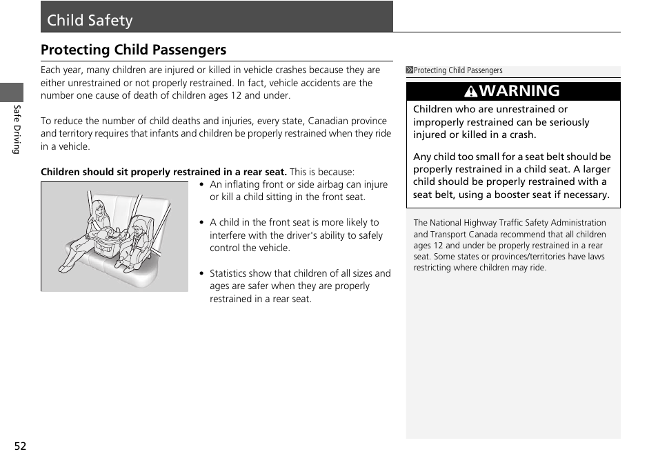 Child safety, P 52), Protecting child passengers | Child safety p. 52, Warning | HONDA 1984 Accord Sedan - Owner's Manual User Manual | Page 53 / 593