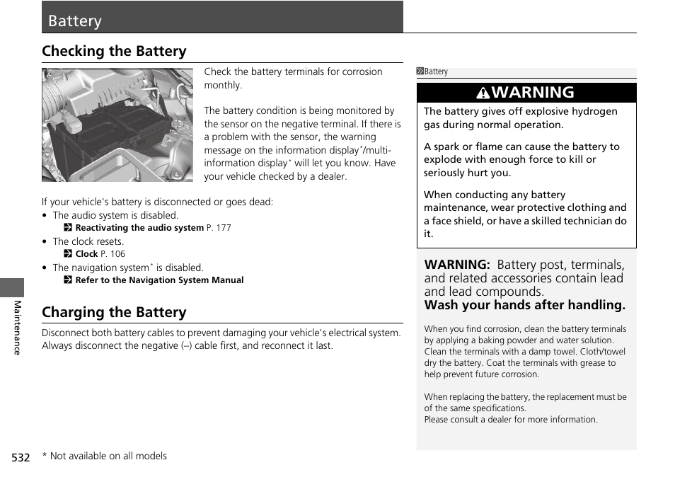 Battery p. 532, Checking the battery p. 532, Battery | Warning, Checking the battery, Charging the battery | HONDA 1984 Accord Sedan - Owner's Manual User Manual | Page 533 / 593