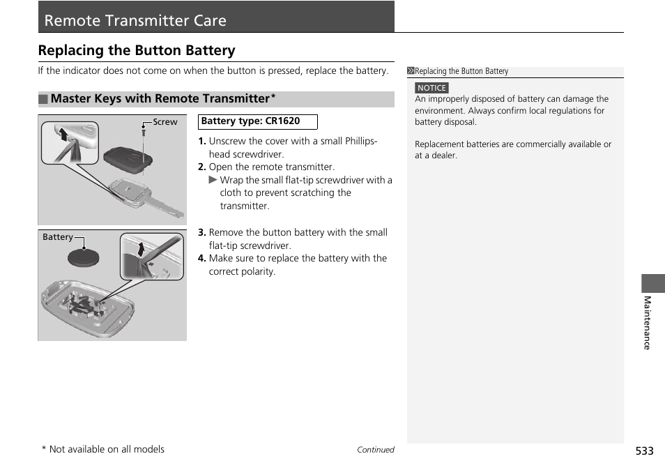 Remote transmitter care, Replacing the button battery p. 533, Replacing the button battery | HONDA 1984 Accord Sedan - Owner's Manual User Manual | Page 534 / 593