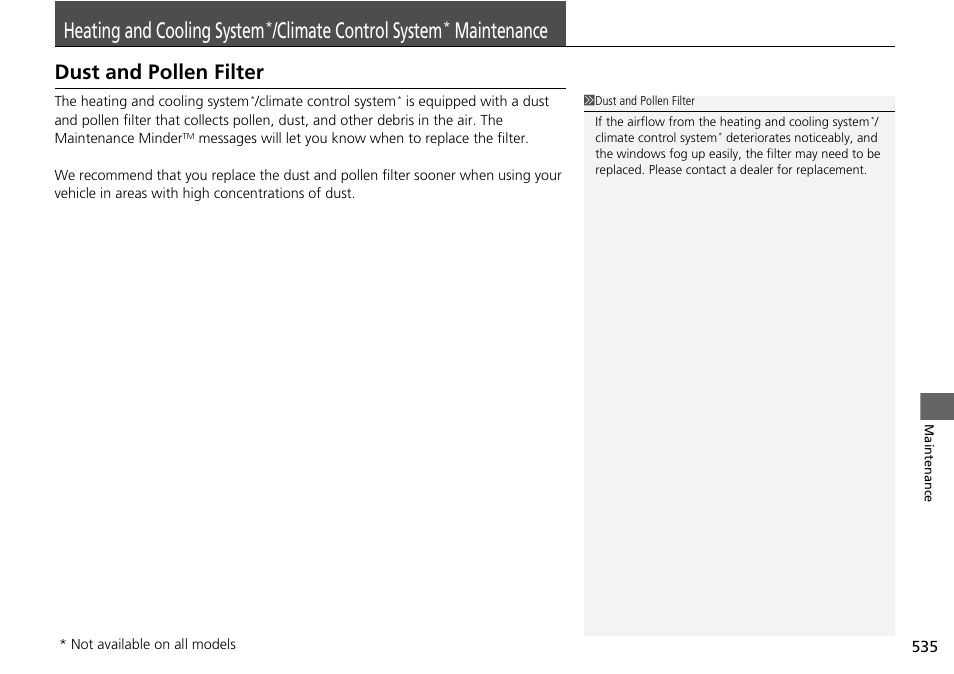 Heating and cooling system, Climate control system, Maintenance | Climate, Control system, Dust and pollen filter | HONDA 1984 Accord Sedan - Owner's Manual User Manual | Page 536 / 593