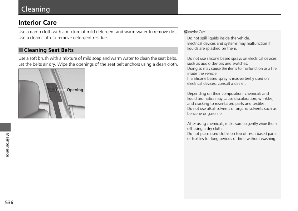 Cleaning p. 536, Cleaning, Interior care | HONDA 1984 Accord Sedan - Owner's Manual User Manual | Page 537 / 593