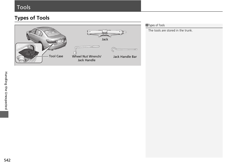 Tools p. 542, Tools, Types of tools | HONDA 1984 Accord Sedan - Owner's Manual User Manual | Page 543 / 593