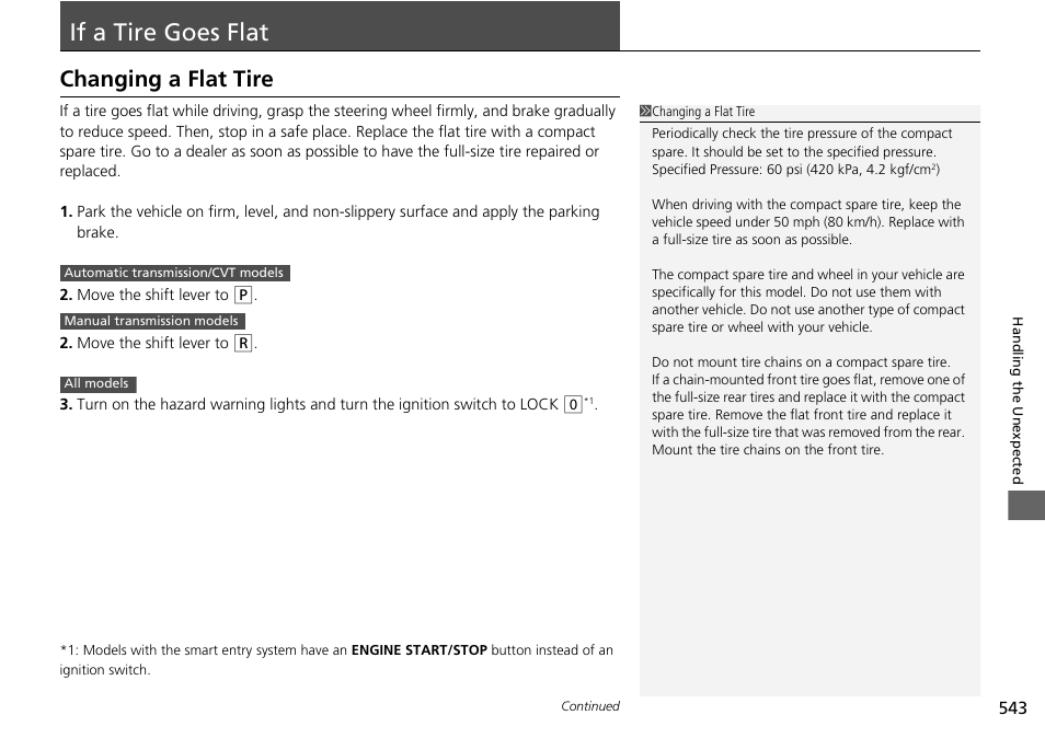 If a tire goes flat p, P 543), If a tire goes flat | Changing a flat tire | HONDA 1984 Accord Sedan - Owner's Manual User Manual | Page 544 / 593