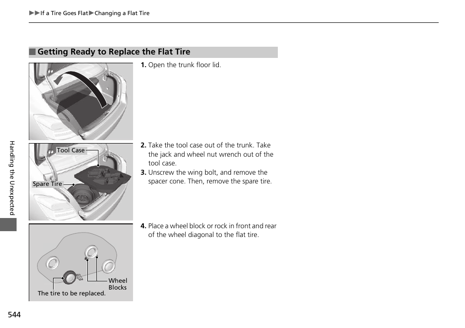 Getting ready to replace the flat tire | HONDA 1984 Accord Sedan - Owner's Manual User Manual | Page 545 / 593