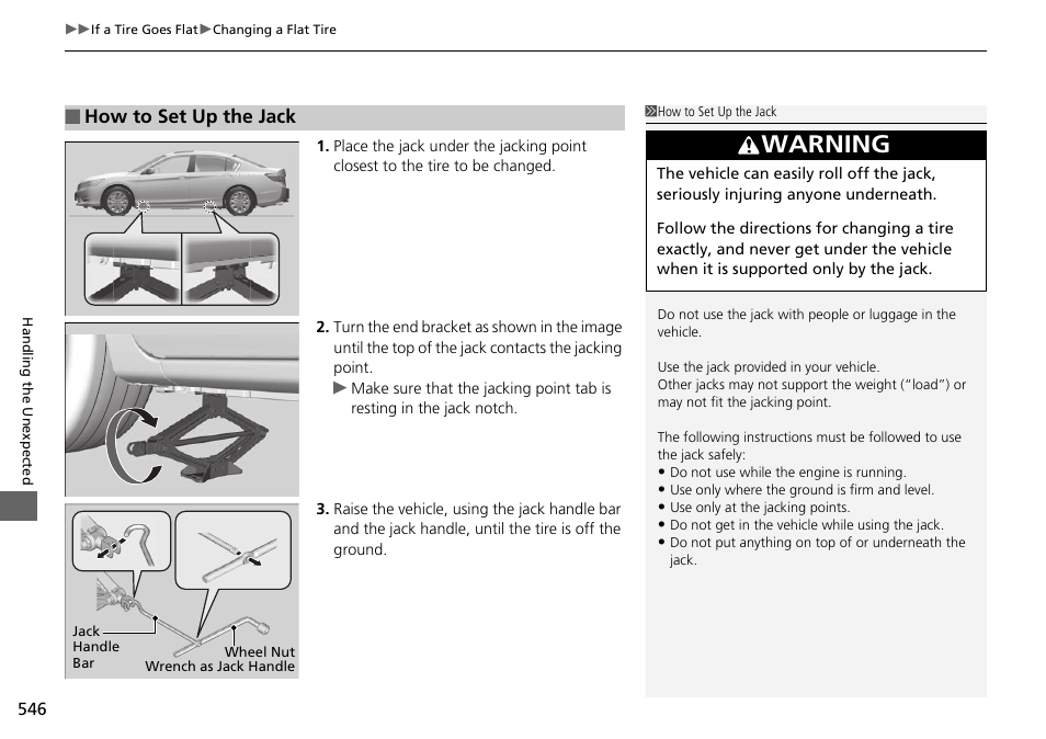 Warning, How to set up the jack | HONDA 1984 Accord Sedan - Owner's Manual User Manual | Page 547 / 593