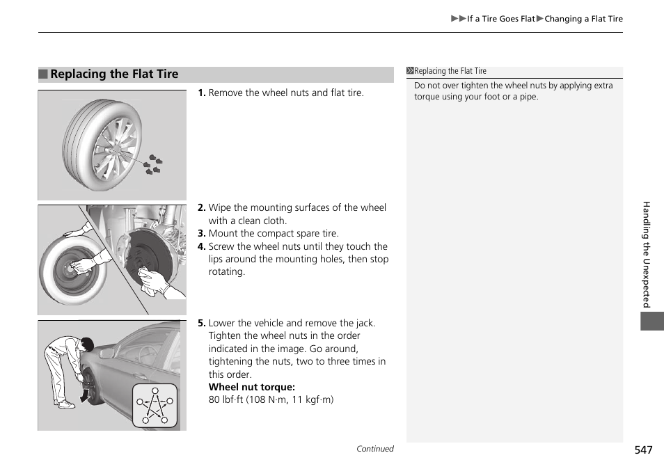 Replacing the flat tire | HONDA 1984 Accord Sedan - Owner's Manual User Manual | Page 548 / 593