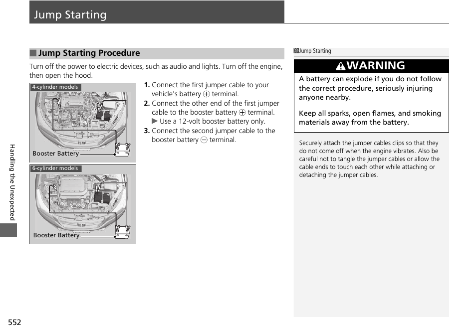 Jump starting p. 552, Jump starting, Warning | HONDA 1984 Accord Sedan - Owner's Manual User Manual | Page 553 / 593