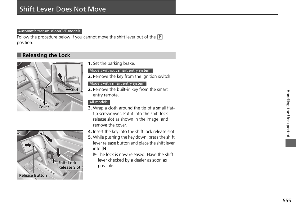 Shift lever does not move p. 555, Shift lever does not move | HONDA 1984 Accord Sedan - Owner's Manual User Manual | Page 556 / 593